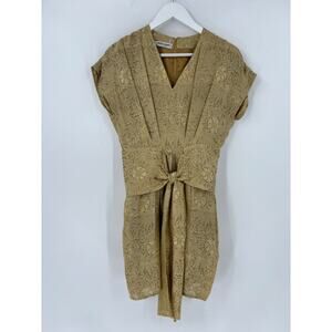 Giorgio Armani Vintage Dress Womens 8 Gold 100% Silk Sheath Pleated Floral Knot